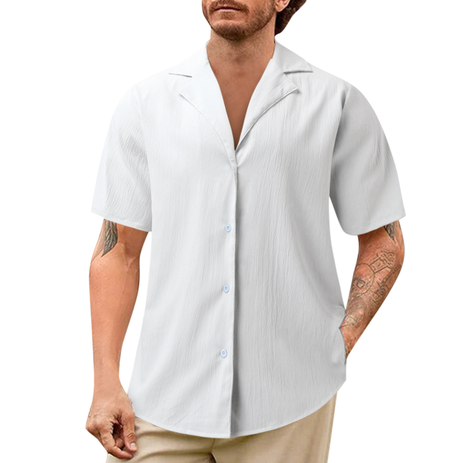 TAIAOJING Hawaiian Shirt Men Summer Male Solid Fold Short Sleeve Turn Down Collar Button Down Blouse Shirt